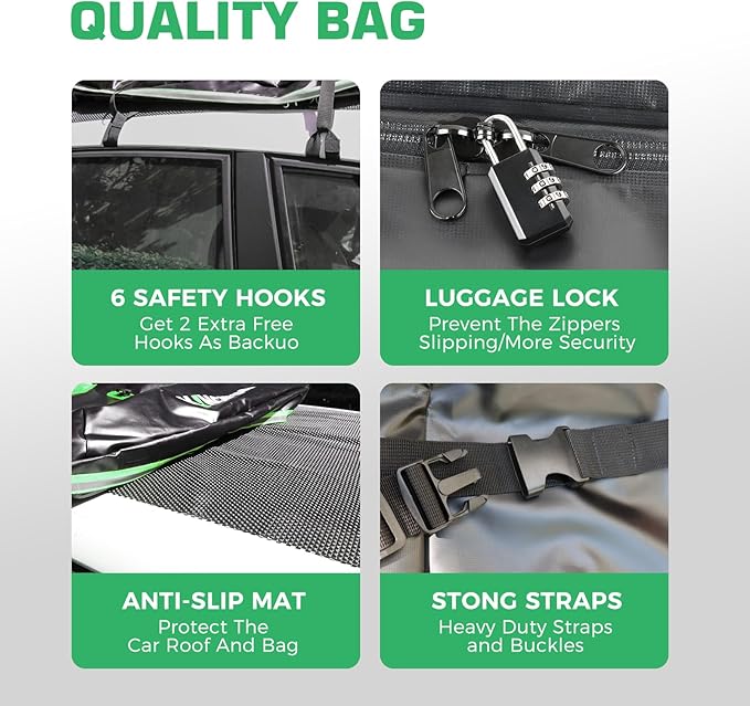 Car Rooftop Cargo Carrier Bag, Waterproof 20 Cubic Feet Car Roof Bag for All Vehicle with/Without Racks -Anti-Slip Mat, 8 Reinforced Straps, 6 Door Hooks,2 Extra Straps, Luggage Locks (Green)