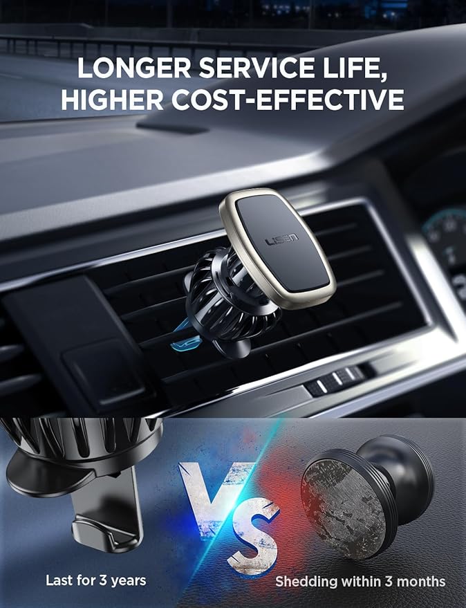 LISEN 2-Pack Magnetic Phone Holder for Car: 6 Military Magnets, Gold Vent Phone Mount