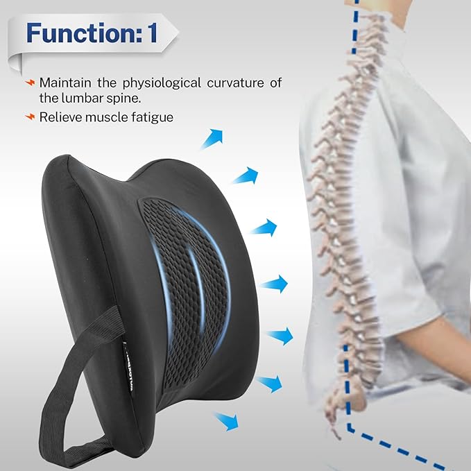 XUKEY Lumbar Support Pillow for Car, Memory Foam and TPE Gel Lumbar Pillow for Lower Back Pain Relief,Back Cushion for Driving Chair Support for Car Office Chair Wheelchair (Black)