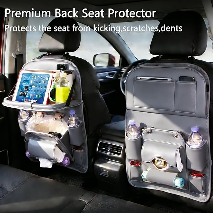 Car Seat Organizer, Multifunctional Backseat Protector Mat, Storage Bag and Tray Rack, Trash Storage (Suitable for Cars, Children, Back of Seats, and Rear Seats) (Gray, Leather 1-Piece Set)
