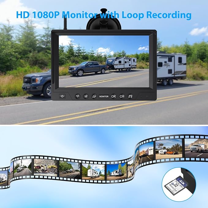 ZEROXCLUB 4 Magnetic Solar Wireless Backup Camera HD1080P 9" Loop Recording Monitor, Quad RV Rearview Backup Cameras Wireless System for Trailer RV Trucks, Built-in 9600mAh Solar Battery, BL904