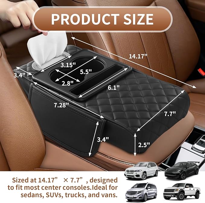 5-in-1 Center Console Cover for Car, Universal Armrest Cover Cushion, Upgrade Arm Rest Cover for Car with Cup Holder & Storage, PVC Leather Armrest Pad with Phone Slot & Tissue Holder, Black
