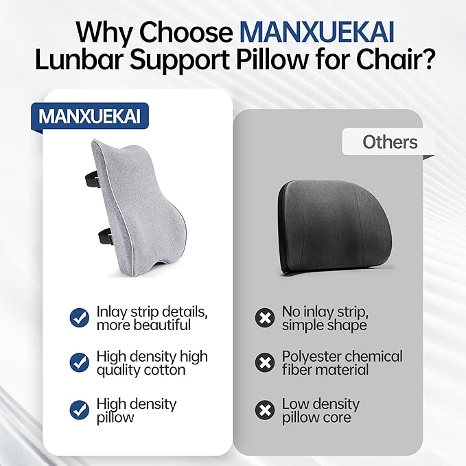 Lumbar Support Pillow for Office Chair, Back Support Pillow with Memory Foam, Relieves Back Pain, Removable Washable Cover & Adjustable Strap, for Car/Gaming Chair,Gift-Light Grey