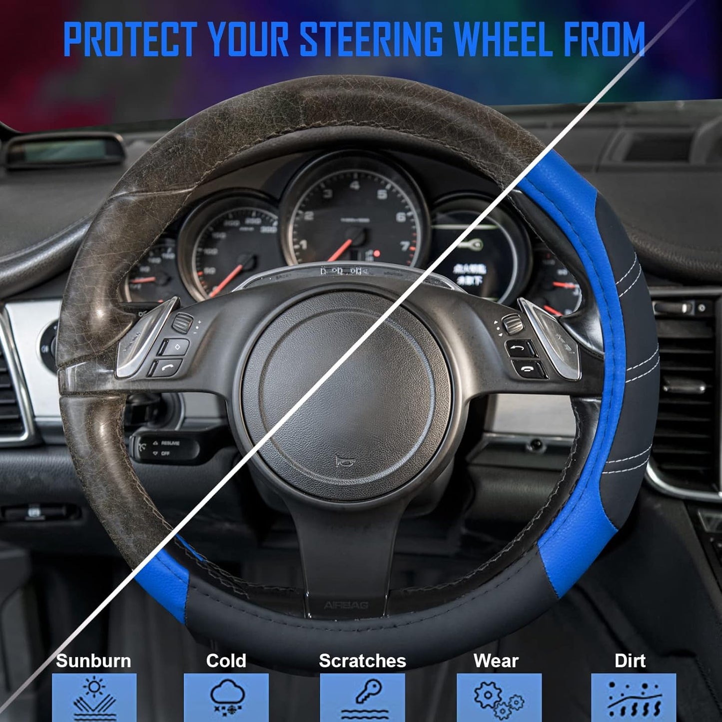 CAR PASS Line Rider Microfiber 15.5-16 Inch Leather Sporty Steering Wheel Cover Universal Fits for Truck SUV Cars Pick up, Anti-Slip Safety Comfortable Design (Black and Blue)