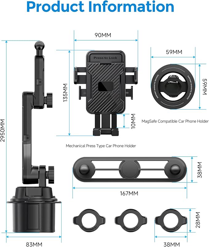 Dual Cup Phone Holder for Car, Cup Mount, Holds 2 Phones Simultaneously, car Phone Mount Compatible with MagSafe, Fits iPhone/Samsung/Motorola/Google/LG/TCL & 4.0-7.0 Inch Smartphones