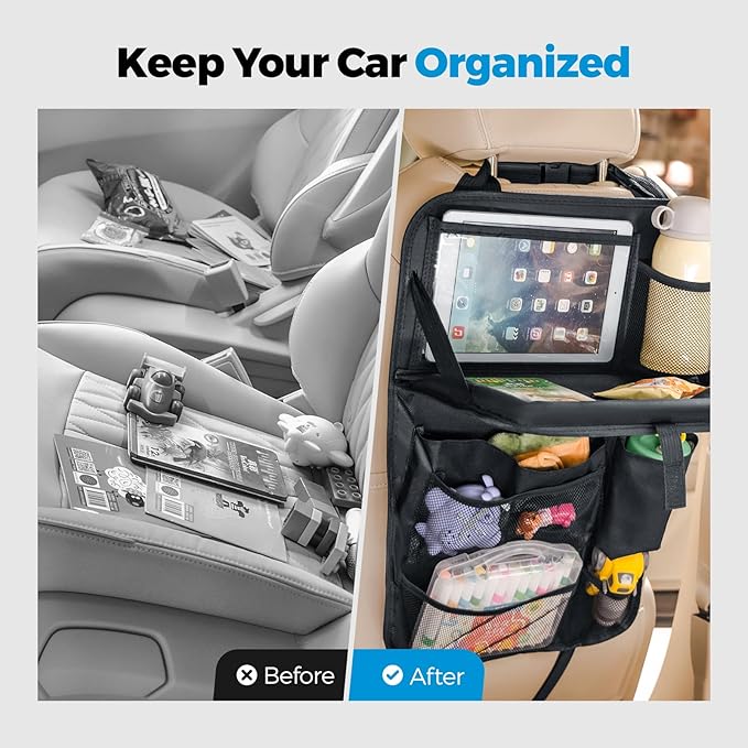 Tsumbay Backseat Car Organizer with Foldable Tray, 9 Pockets, Kick Mat Seat Protector, 18KG Capacity, Waterproof Oxford Fabric for Kids, Family Travel - for Car, SUV, Van (Oxford-2Pck)