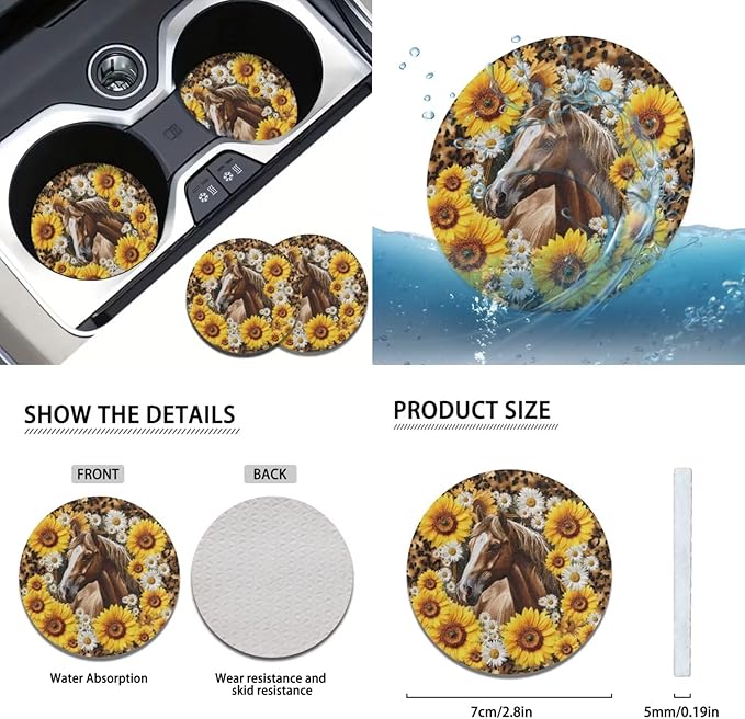 FKELYI Horse Car Seat Covers - Sunflower Leopard and Steering Wheel with Gear Shifter, Cup Coasters