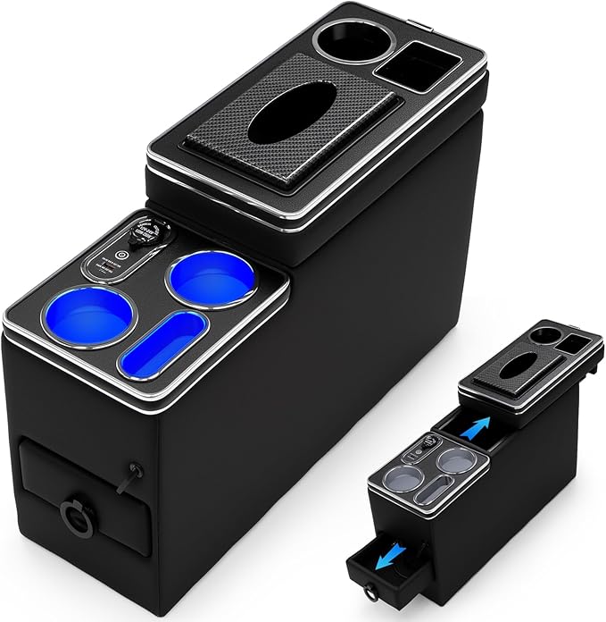 Center Console Between Seat Organizer for Minivans,SUVs,with Dual USB Charging ,Cup Holders,tissue box, 7 Color ambient lighting and drawers for Minivan, Middle Van Floor Console Organizer Storage Box