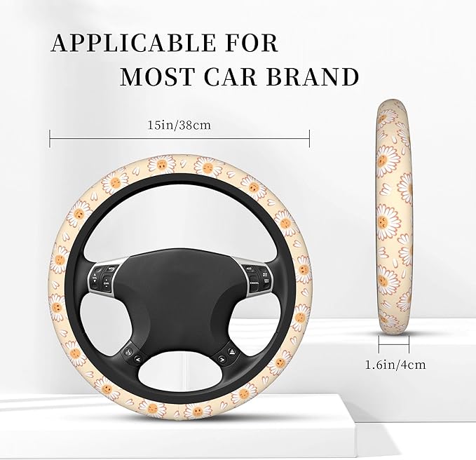 Car Steering Wheel Cover,Smiling Face Flower Universal Non Slip Wheel Protector 15 Inch Elastic Car Accessories for Men Women
