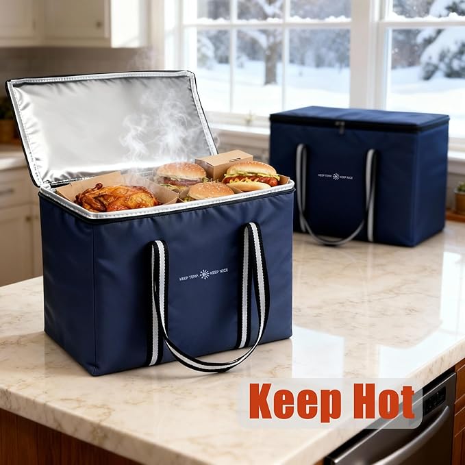 Insulated Food Delivery Bag, Large Durable Reusable Shopping Grocery Bag with Zipper – Foldable Thermal Cooler Bag for Hot & Cold Food, Pizza Delivery & Catering