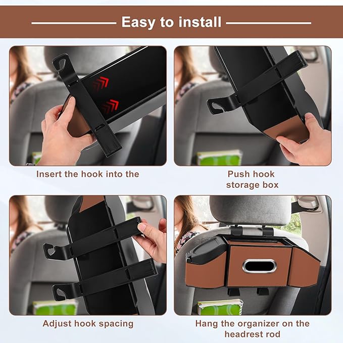 7-In-1 Car Seat Back Organizer with Cup Holders, Tissue Box, Garbage Can&Hooks, Multifunctional Headrest Storage Organizer, Headrest Cup Holder for Backseat, Car Accessories for Trips, Travels(Brown)
