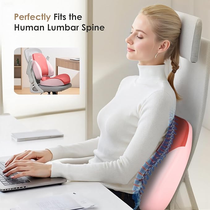 FLORICH Lumbar Support Pillow and Car Seat Cushion for Driving Car Office Chair, Memory Foam Back Support Pillow and Office Seat Chair Cushion for Sciatica Pain Relief - Pink
