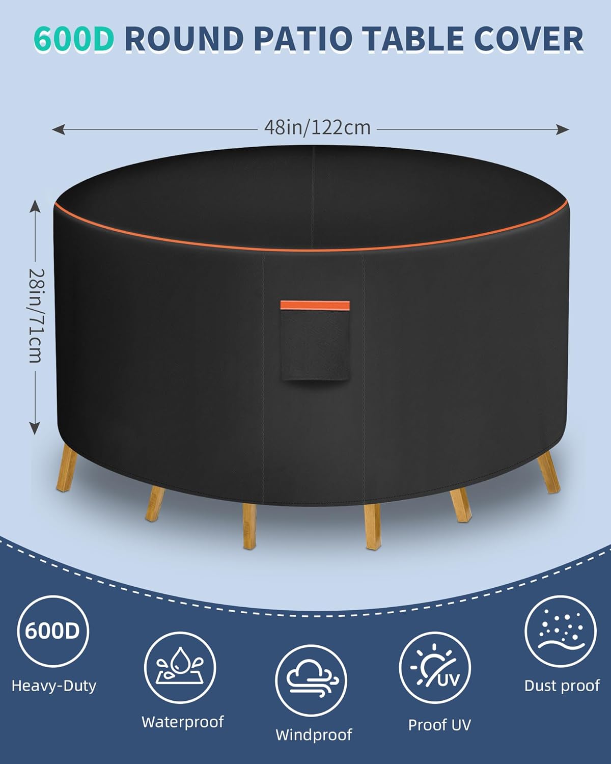 Round Patio Furniture Cover, 48 Inch Diameter Waterproof 600D Heavy Duty Table and Chair Set Protection Black