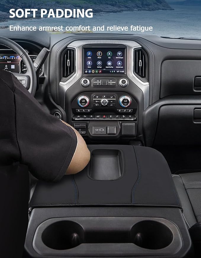 Center Console Armrest Cover for Chevy Silverado 1500 Accessories & GMC Sierra 2019-2026, Yukon & Tahoe & Suburban 2021-2026, Bucket Seat, PU Leather Middle Console Lid Cover Pad, Black-Blue Stitch