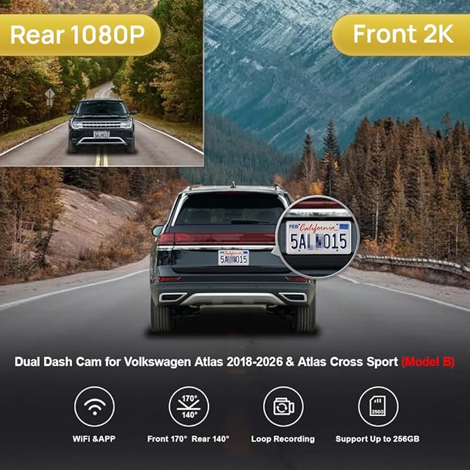 Fitcamx Front 2K+Rear 1080P Dash Cam Adapts for Volkswagen Atlas 2018-2026 (Model B, Wide Body) & Cross Sport 2020-2026, OEM Look, Dual HD Video, WiFi & APP, Loop Recording, Parking Mode, 64GB Card