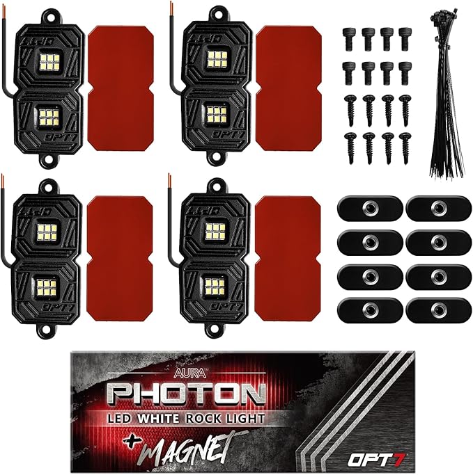 OPT7 Photon Pure White LED Magnetic Rock Lights - 8 Pods w/Magnet Mounts - Wide Angle Underglow Lighting Kit, IP68 Waterproof for Offroad Jeep RZR ATV UTV SUV - Truck Decorations