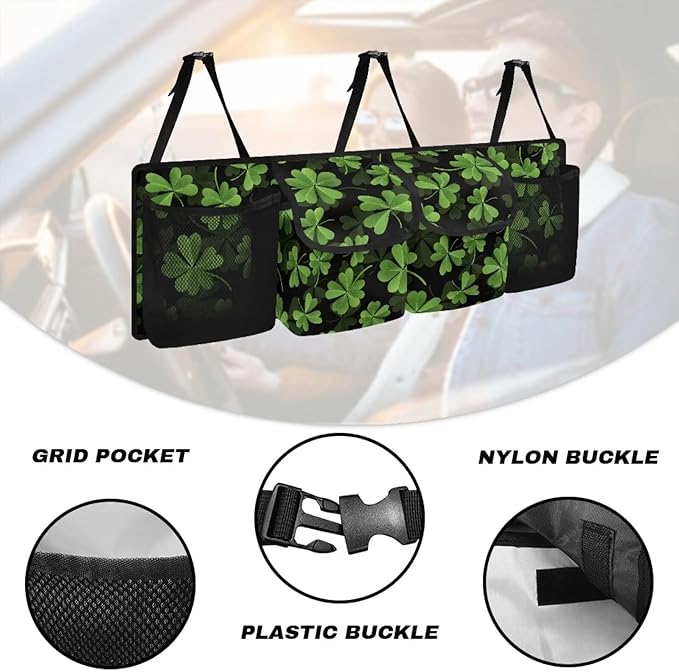 Green Leaves Car Backseat Trunk Organizer St. Patrick Day Large Capacity Hanging Car Storage Bag for SUV,Truck,Van Collapsible Cargo Bag