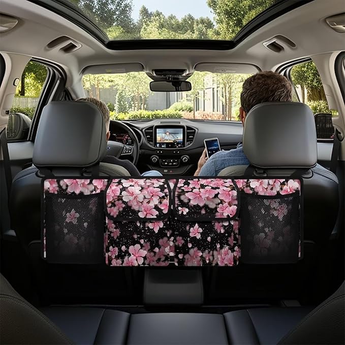 Pink Cherry Blossom Trunk Organizer Car Women Car Back Seat Organizer Multipurpose Cargo Accessory with Adjustable Straps