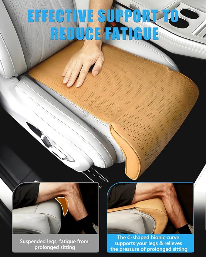 Car Seat Leg Support Cushion, Brown Leather Carseat Leg Support, Universal Waterproof Leather Extender Pad for Drivers, Office Chairs, Cars, Buses & Trains