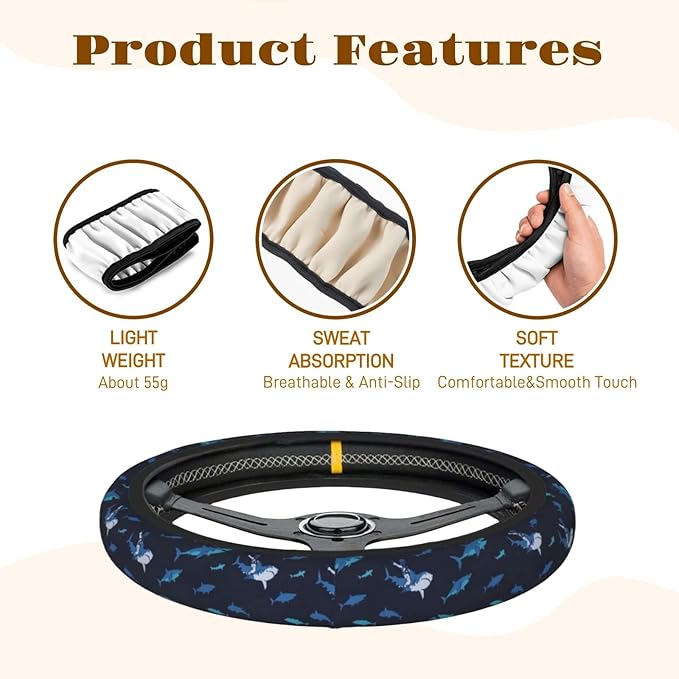 Steering Wheel Cover Accessories Neoprene Cover, Breathable Non-Slip Easy to Install Suitable for Women Men, 14.5-15.5 Inch for Car SUV Van Truck Universal - Blue Shark