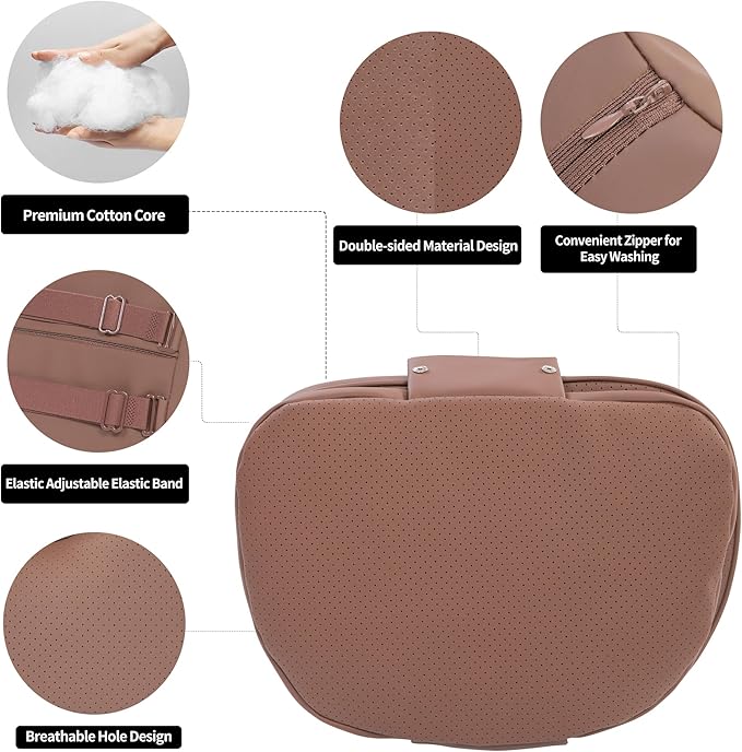 Car Headrest Pillow for Driving, Dual-Sided Leather Design Neck Pillow, Breathable Softness Neck Support, Universal Fit Head Rest Travel Pillow, Brown, 2 Pack