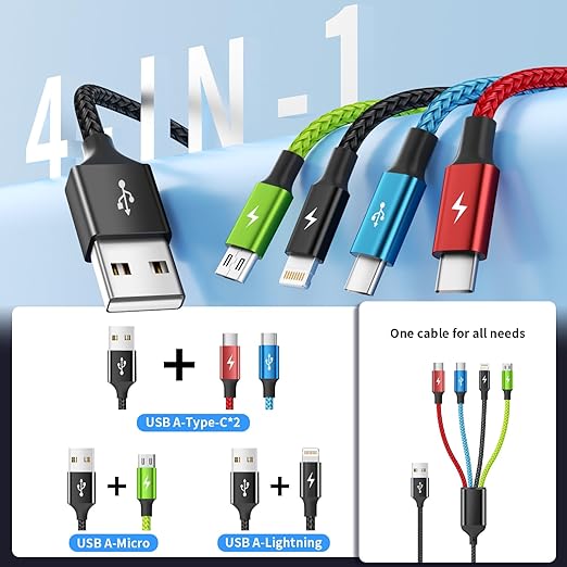 Car Accessories Multi Charging Cable [3Pack 5FT], Travel Essentials 4 in 1 Charging Cords, USB Cable Phone Charger with IP/Type C/Type C/Micro, Compatible with Most Phones/Tablets and More