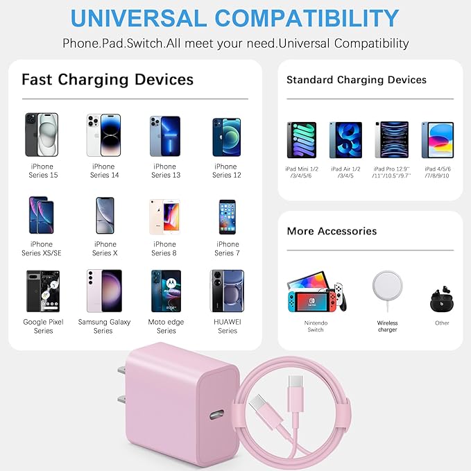 iPhone 17 16 15 Charger Fast Charging 3+3Pack Type C Charger USB C Chargers Block with 10FT Cable for iPhone Air/17/17 Plus/17 Pro/17 Pro Max/16/16 Plus/16 Pro/16 Pro Max/15/15 Pro Max/iPad Pro (Pink)