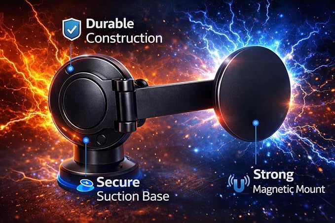 Vacuum Magnetic Car Phone Mount – 360° Adjustable MagSafe-Compatible Phone Holder with Nano Gel Suction Cup, Foldable Hands-Free Mount for Dashboard, Windshield, Gym Mirror, Glass and Smooth Surfaces