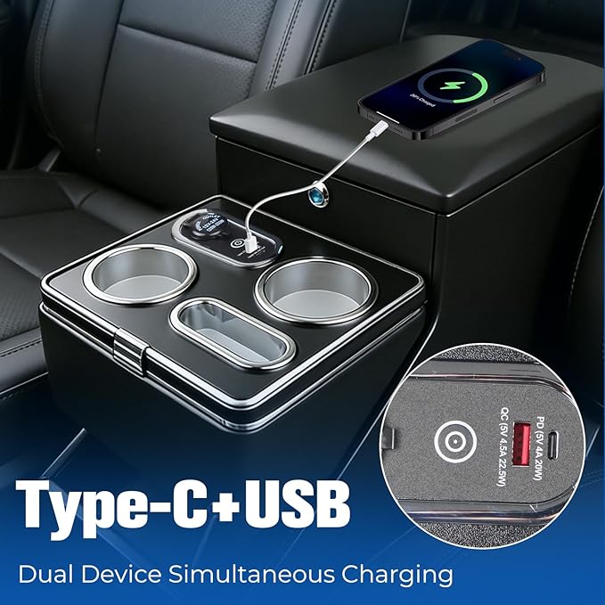 Center Console Organizer for Minivans, SUVs & Middle Van Seats - Floor-Mounted Lockable Storage Box with Dual Cup Holders & 7-Color Ambient Light, Ideal for Vehicle Interior