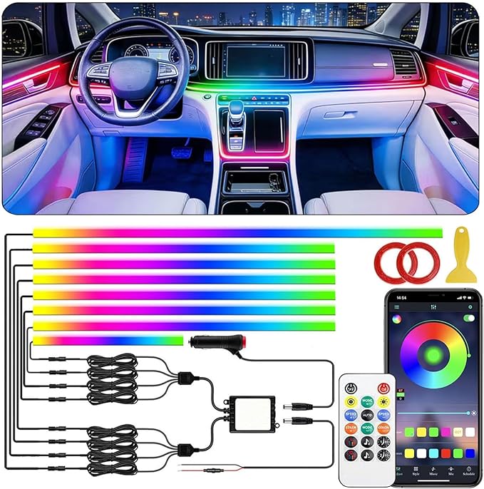 Interior Car LED Strip Lights,Acrylic LED Lights for Car with Dynamic Dreamcolor Chasing,235 inches 8 in 1 RGB Neon Strip Fiber Optic Ambient Lighting Kits with Remote APP, for Inside car Decorations