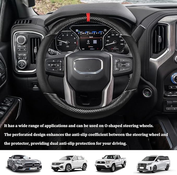 Car Steering Wheel Cover, Steering Wheel Accessories, 15 Inch Microfiber Leather Carbon Fiber Soft Anti-Slip Breathable, Car Accessories Elastic Non-Slip Cover for Most Vehicles (Black)