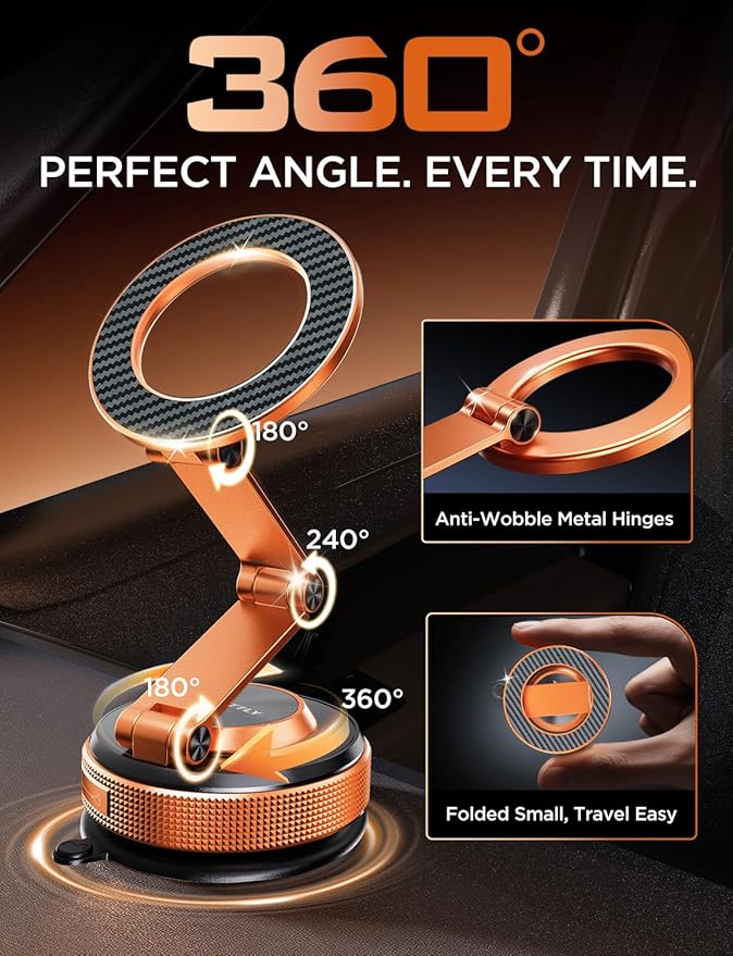 MSXTTLY Magnetic Car Phone Holder – 360° Car Phone Mount with Metal Long Arm & Extended Reach 2026 Tesla Phone Holders for Your Car for iPhone 17 Pro Max 16 15 14 13 12 Plus, Orange