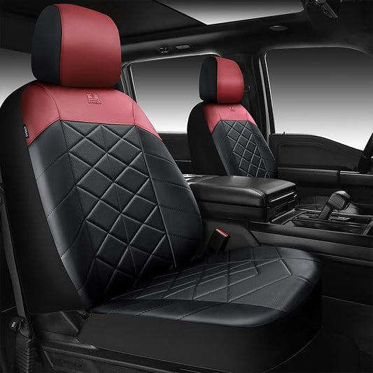 CAR PASS Nappa Leather Waterproof Car Seat Covers Two Front Seats, 3D Foam Automotive Seat Covers with Memory Foam, Universal Fit for Cars SUV Trucks Sedan, Airbag Compatible, Black Red Wine Burgundy