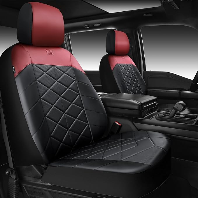 CAR PASS Nappa Leather Seat Covers for Car, Waterproof Seat Covers Full Set, Luxury 3D Rhombus Lined Sponge Airbag Compatible Universal Fit for Automotive SUV Truck Pickup Sedan, Black Red