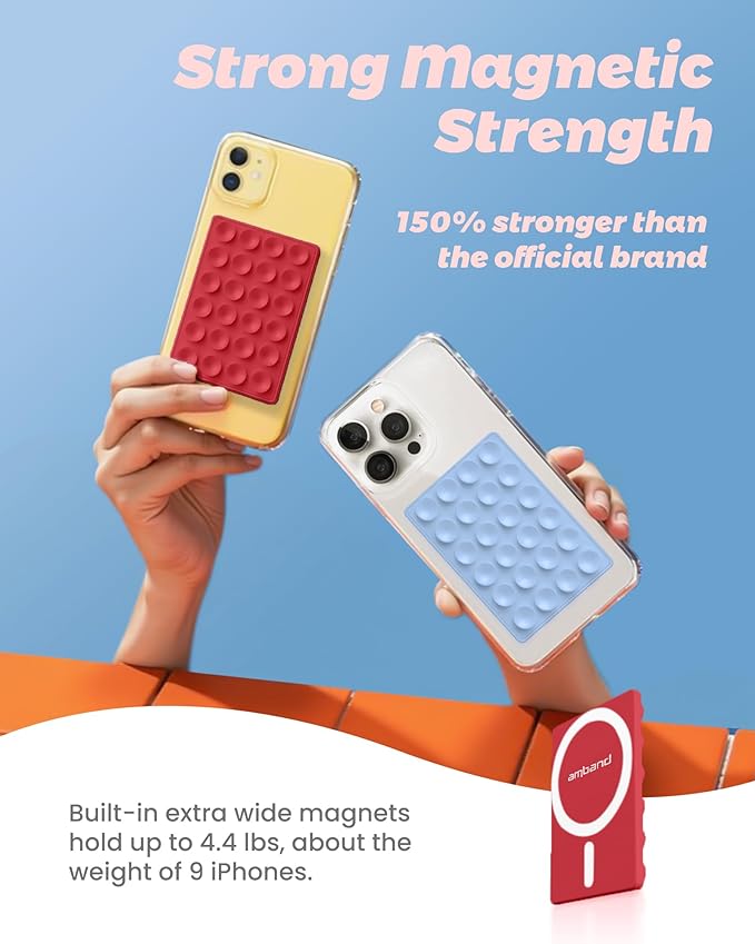 amBand Magnetic Sticky Phone Suction Grip for MagSafe, Removable for Wireless Charging, Durable Magnet Silicone Portable Mount Stand for iPhone 12 13 14 15 16 17, Hands-Free Video/Selfie, Cherry Red
