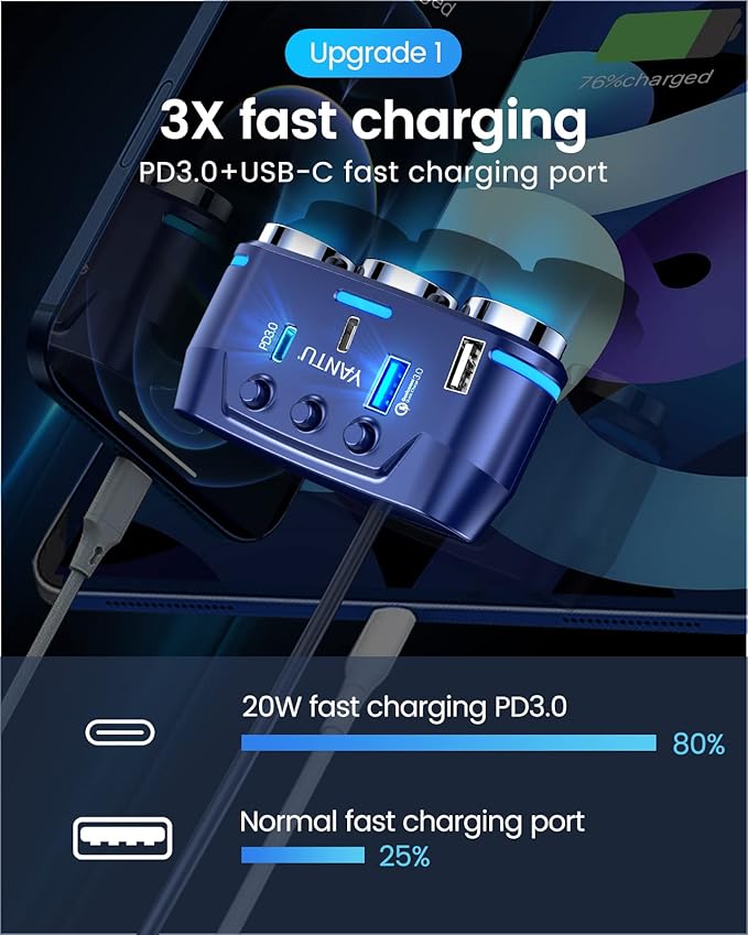 YANTU QC3.0&PD 40W Cigarette Lighter Adapter, 3-Socket 140W Cigarette Lighter Splitter with 12v USB Outlet,Car Charger Adapter with Double/Dual/USB C Charger Multi Port/Plug Outlet for Car Devices