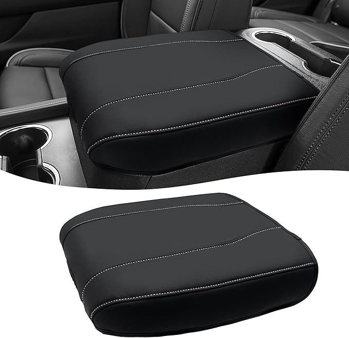 Center Console Cover for Chevy Silverado 1500 Accessories & GMC Sierra 2019-2026, Yukon & Tahoe & Suburban 2021-2026, Bucket Seat Only, Vinyl Armrest Middle Console Cover, Black-Gray Stitch