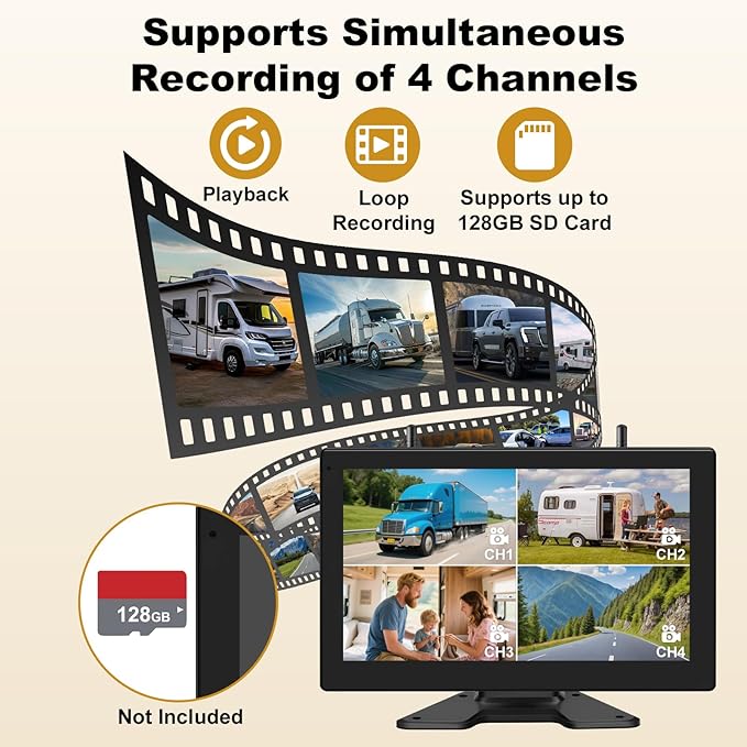 10'' Wireless Backup Camera System, 2 HD 1080P IP69 Waterproof Cameras with Large IPS Full Touch Screen 4 Channels Monitor, IR Night Vision Reverse Camera for RV Truck Trailer Camper