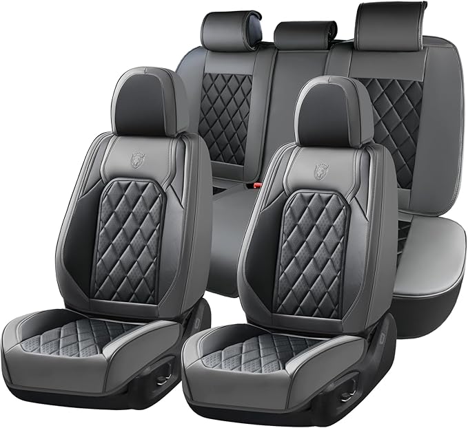Coverado Seat Covers Full Set, Faux Leather Seat Covers for Car, Waterproof Car Seat Protectors 5 Seats, Automotive Seat Covers Universal Fit for Most Cars SUV Trucks- Gray&Black