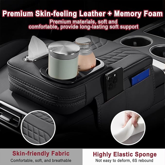 Car Armrest Storage Box for Infiniti QX60 2013–2025 2020 2021 2022 2023 2024, Sport-Style Center Console Organizer with Side Pocket, PU Leather Armrest Cushion, Elbow Support Pad,B White