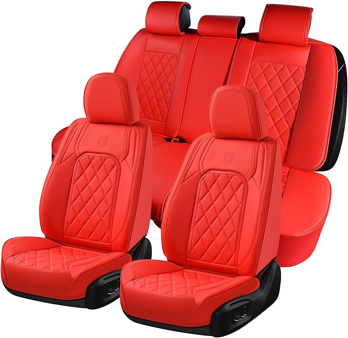 Coverado Car Seat Covers Full Set, 5 Seat Universal Seat Cover for Cars, Luxury Faux Leather Waterproof Seat Cover, Front and Back Car Seat Protector, Auto Seat Covers Fit for Most Vehicles, Red