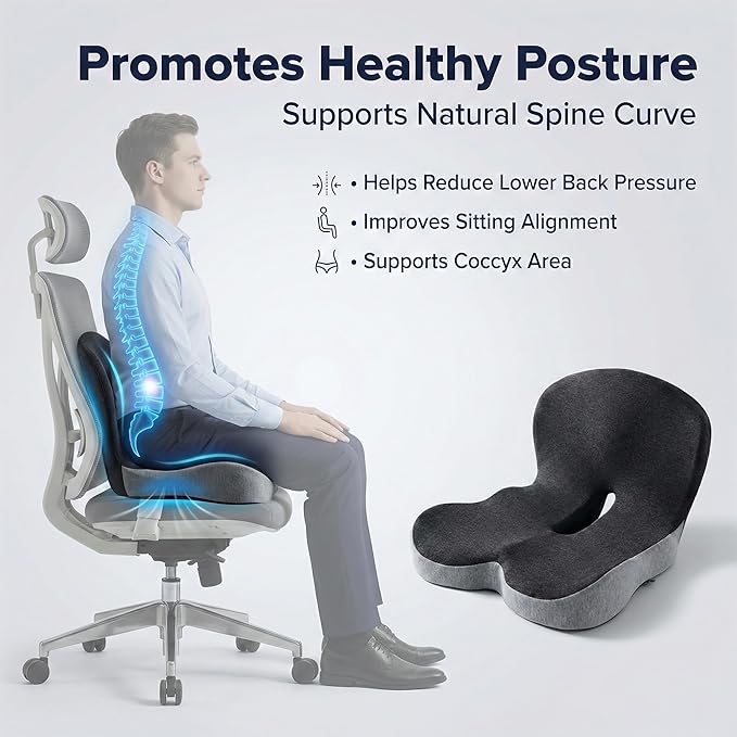 Seat Cushion Memory Foam with Ergonomic L-Shaped Extra Wide Support for Lower Back Relief, Comfort Cushion for Office Chair, Car Seat & Gaming Seat, Helps Sciatica Pain, Posture Improvement (Gray)
