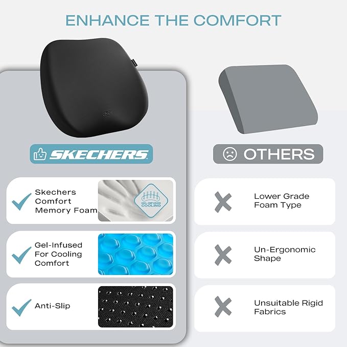 Skechers Seat Cushion Premium Gel & Memory Foam-Office Chair Cushion for Tailbone Pain Relief,Butt Pillow for Office Chair,Car seat Cushion,Long Sitting Office Workers,and Car Drivers,Black