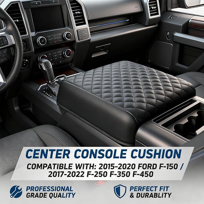 Center Console Cover Compatible with 2015-2020 Ford F150 / 2017-2022 F250 F350 F450 and 2018-2024 Expedition Accessories, Customized PU Leather Armrest Cover Protector (Bucket Seat Only)