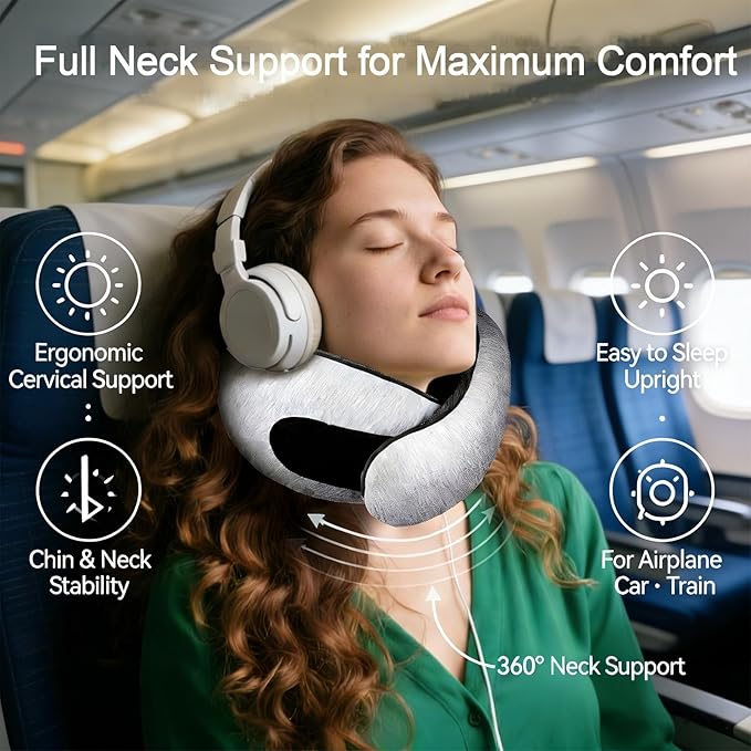 Travel Neck Pillow for Airplanes, Memory Foam with Chin Support, Ergonomic 360 Degree Cervical Support for Plane/Car/Train/Office (Light Grey)