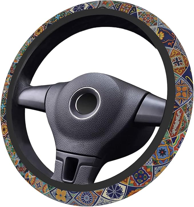 Car Steering Wheel Cover for Women Men, Non-Slip Mexican Talavera Tiles Steering Wheel Protector, Universal 14"-15" Fit for Cars, SUVs, Trucks (Mexican Talavera Tiles)