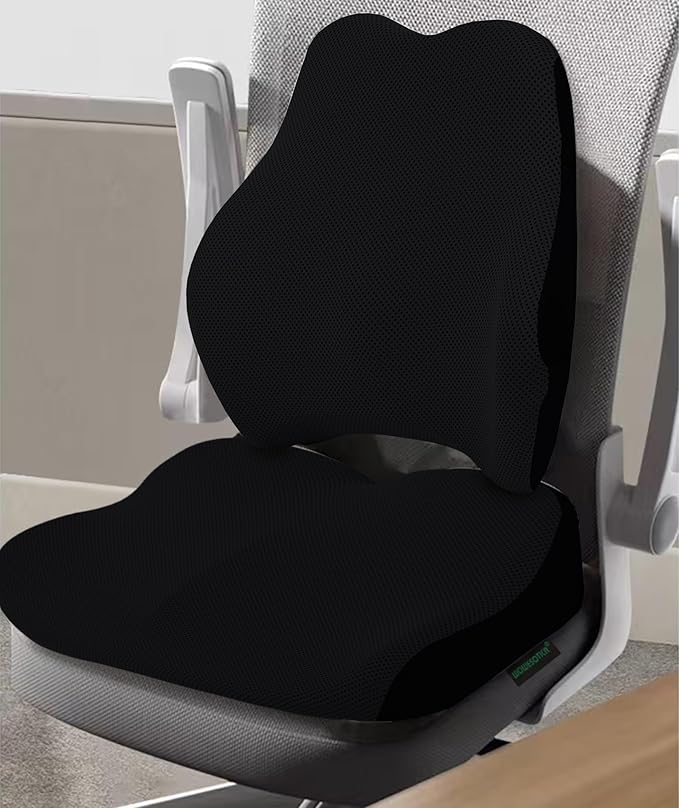 Wheelchair Cushion with Lumbar Pillow (2-Piece Set) for Adults and Seniors.Supportive Memory Foam for Back, Tailbone and Hip Pain Relief, Non-Slip Cover, Removable Straps. (Black)