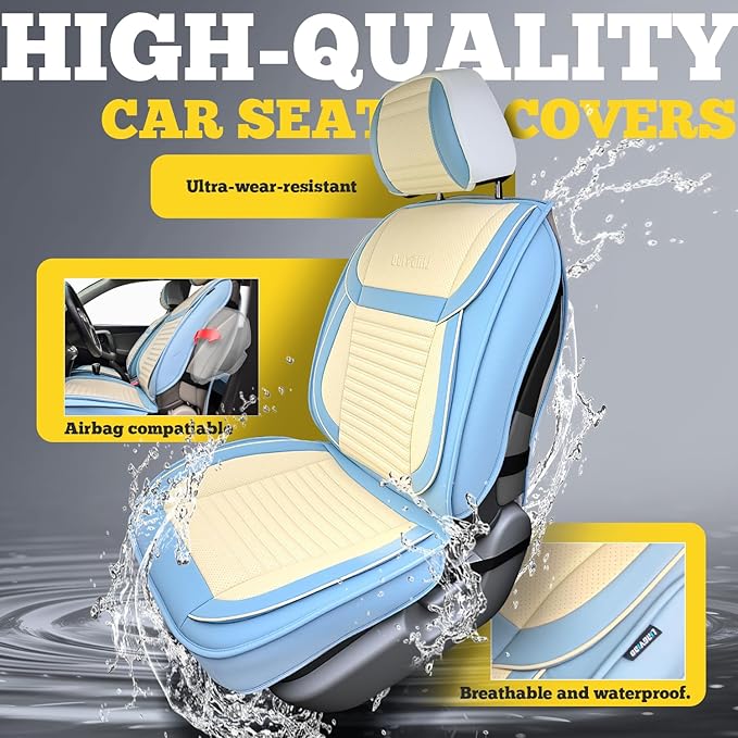 LINGVIDO Front Car Seat Covers, Faux Nappa Leather, Airbag Compatible and Waterproof Protectors for Sedans SUVs, Breathable Anti-Slip Interior for Commuters and Rideshare, White/Light Blue