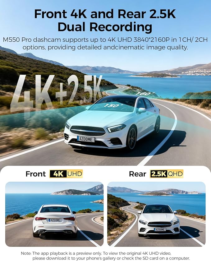 AZDOME ADAS Dash Cam Front and Rear, 4K+2.5K UHD Dash Camera for Cars, 64GB Card Included, Voice Control, Bulit-in 5.8GHz Wi-Fi GPS, 3.19'' IPS Screen Dashcam, Night Vision, 24H Parking Mode M550 Pro