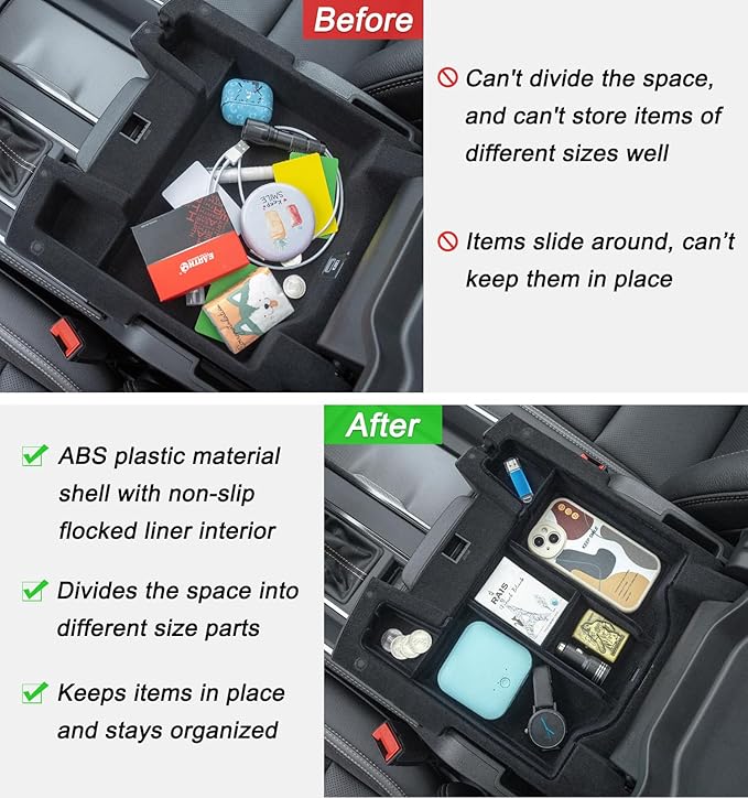 PIMCAR Center Console Organizer Upgrade Flocked Liner Interior Compatible with Dodge RAM 1500 2500 3500 2019-2025 2026 ABS Plastic Material Shell Armrest Box Insert Tray Accessories